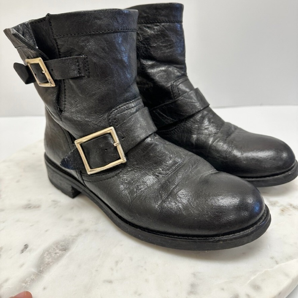 Jimmy‎ Choo Biker Boot Womens 39 9 Black Leather Ankle Buckles Pull On Moto Edgy - Picture 2 of 14